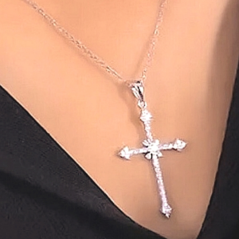 NEW Elegant Silver Cross Necklace with Crystal Rhinestones NWT